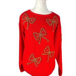 Vintage 90s IB Diffusion Red Fuzzy Gold Beaded Bows Pullover Sweater Sz S